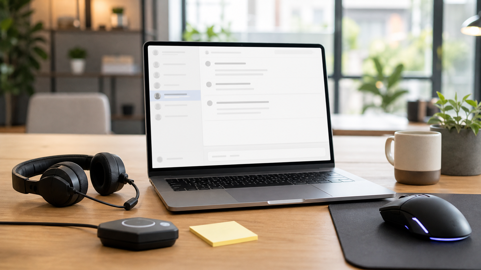 Bright support desk with laptop, headset, timing sensor, and gaming mouse