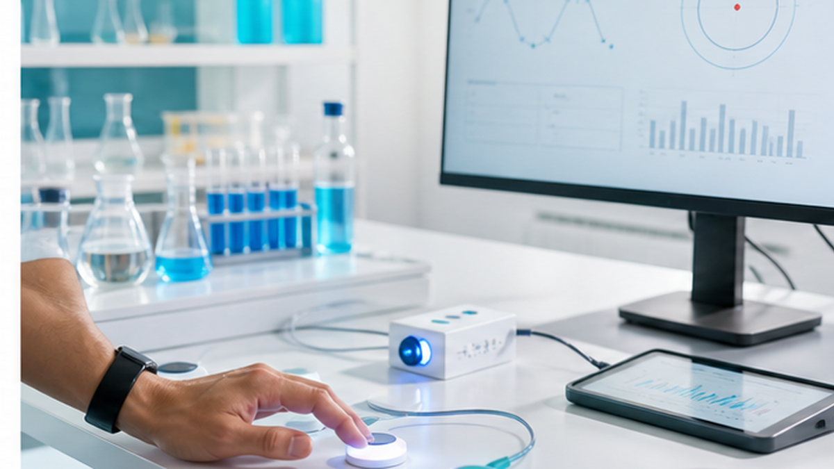 Bright reaction time training lab with testing equipment and analytics screens